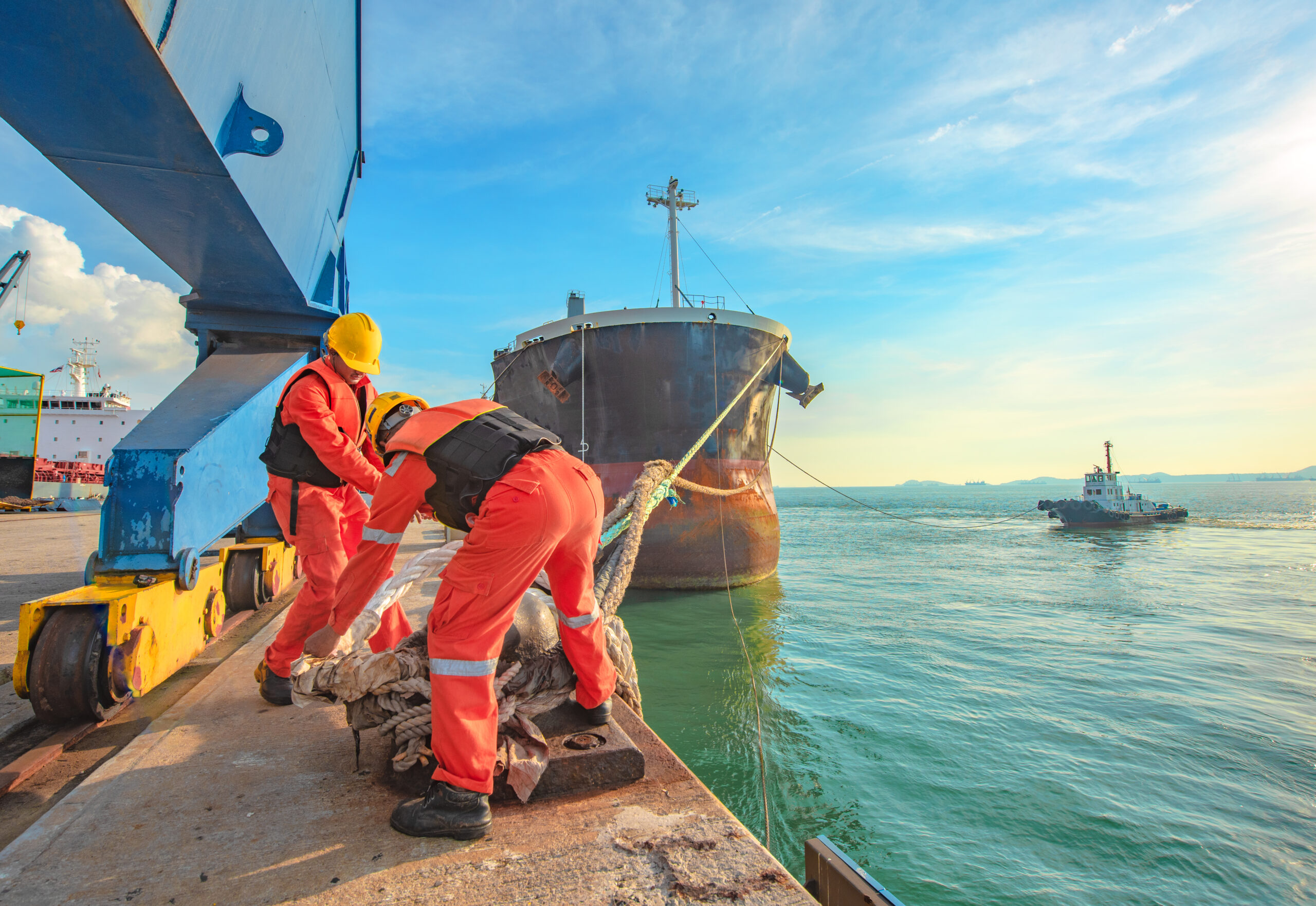Bemanning maakt een zeeschip vast aan de kade, met een sleepboot op de achtergrond